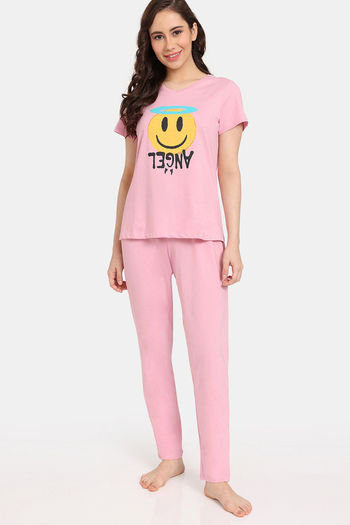 Buy Rosaline Emoji Knit Cotton Pyjama Set - Pink Nectar